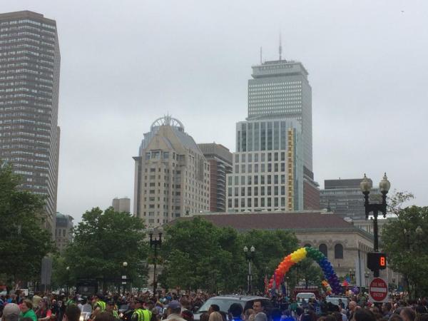 The start of the Pride Parade at Copley Square with the Prudential Center in the background. All photos taken by Dan Peltier